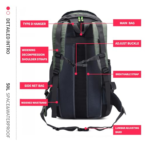 "Leichter 50L Wanderrucksack in Armeegrün: Komfort für Outdoor-Abenteuer"