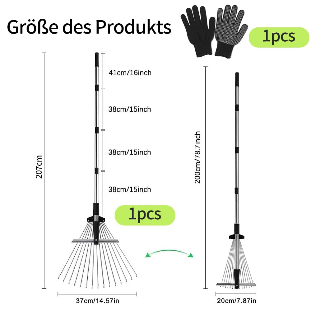 "Effiziente Gartenpflege: Verstellbarer Laubrechen mit 207cm Stiel für Komfort"