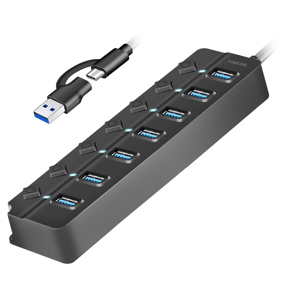 "Maximale Connectivity: 7-Port USB Hub in Schwarz mit Ein/Aus-Schaltern"