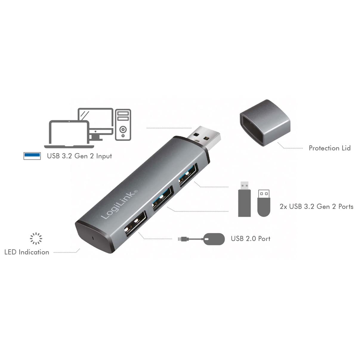 "Erweitern Sie Ihr Büro: 3-Port USB Hub in schickem Grau für schnelles Plug & Play"
