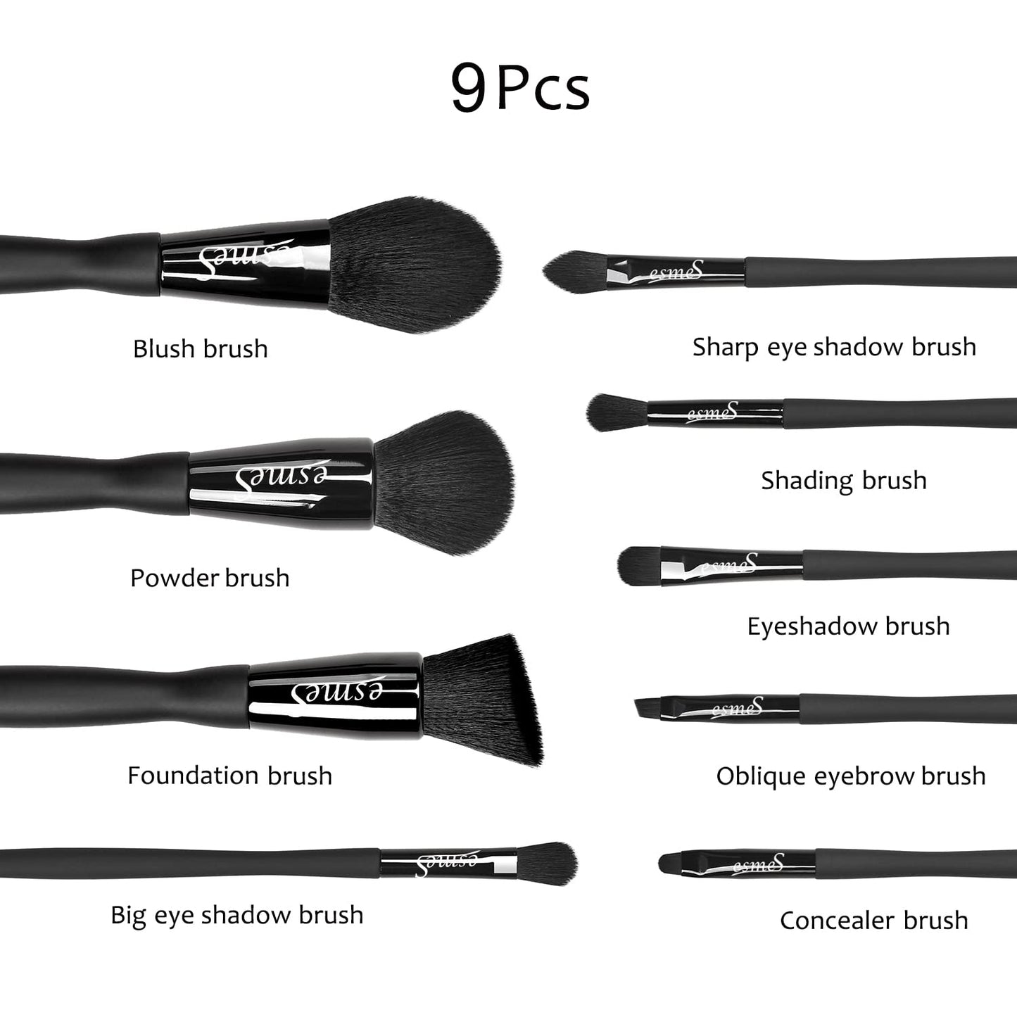 esmeS Make-up Pinselset – 9-teiliges Schminkpinsel Set für Anfänger & Profis | Hochwertige Synthetische Gesichtspinsel | Exquisites Design | Perfektes Geschenk für Frauen | Mattschwarz