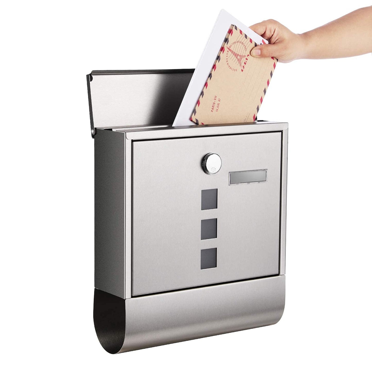 SONGMICS Briefkasten, Postkasten, Schloss mit Kupfer-Schließzylinder und drehbarer Abdeckung, Sichtfenster, Namensschild, Zeitungsfach, einfache Montage, 10 x 30,8 x 33,8 cm, silbern GMB020S02