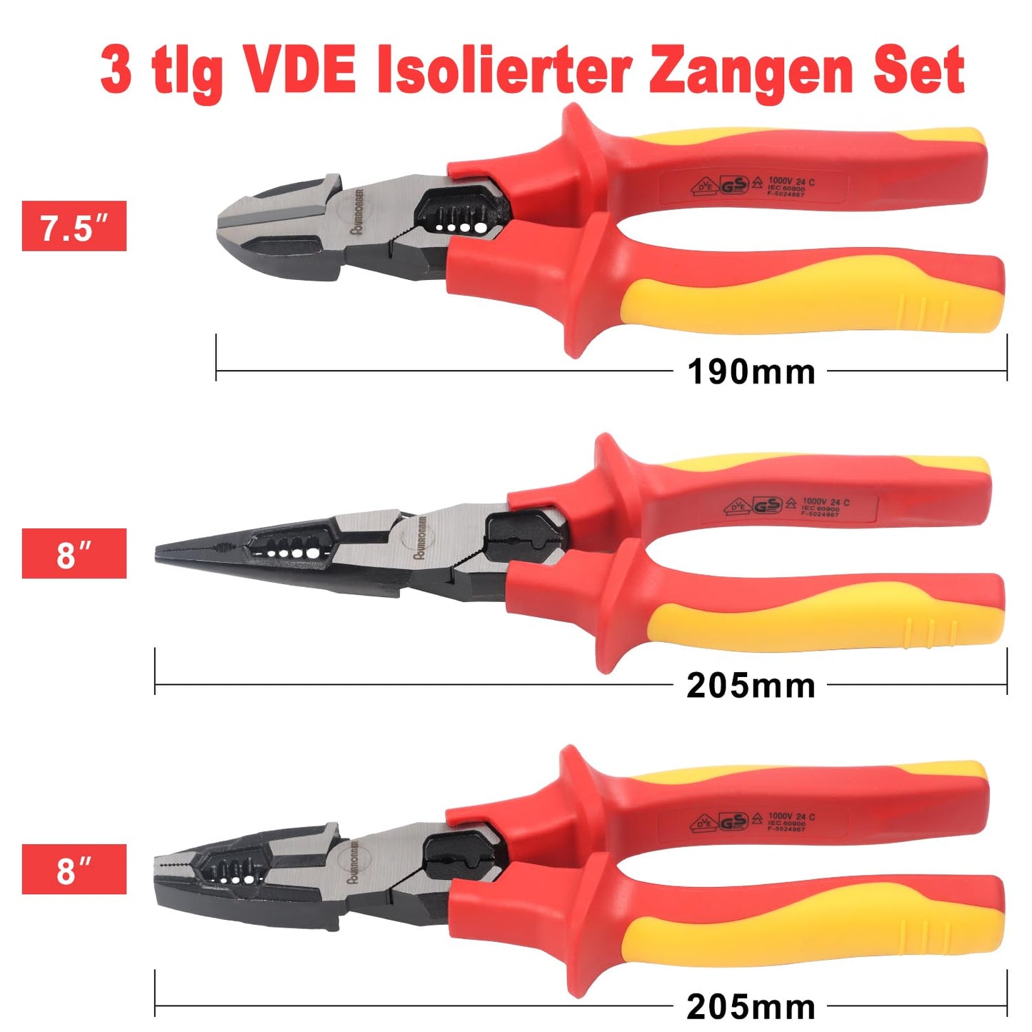 FOURROBBER 3 tlg VDE 60CrV Isolierter Zangen Set, Universal Kombizange,Spitzzange und Seitenschneider, mit isolierten Griffen,VDE-geprüft 1000V