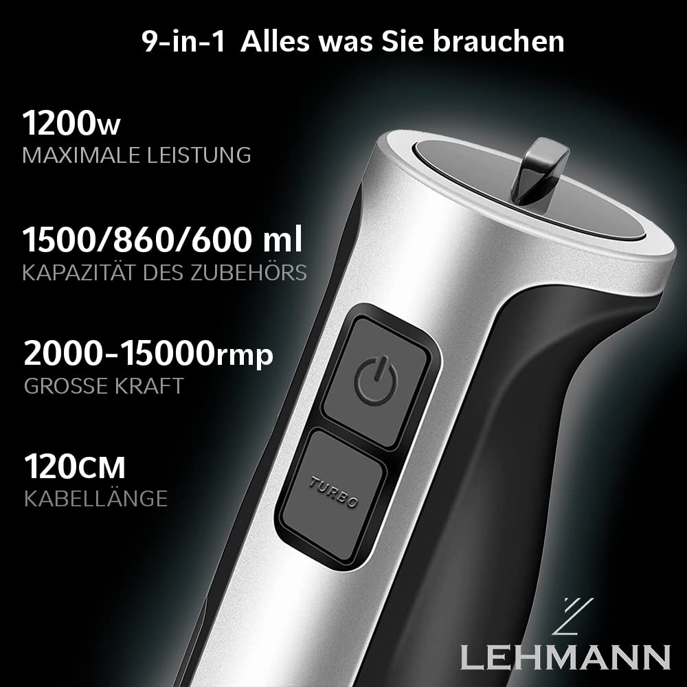 "Vielseitiger 6-in-1 Stabmixer: 1300 W Turbo-Power in elegantem Silber!"