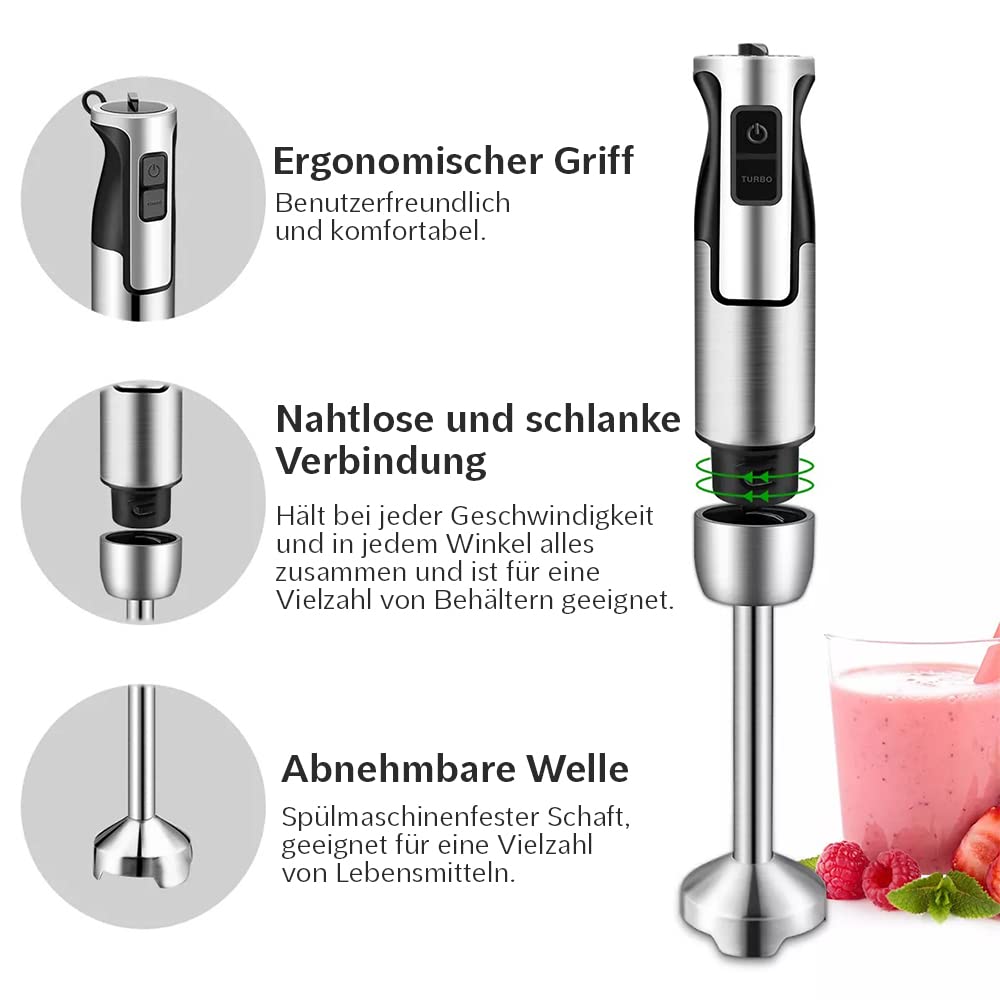 "Vielseitiger 6-in-1 Stabmixer: 1300 W Turbo-Power in elegantem Silber!"