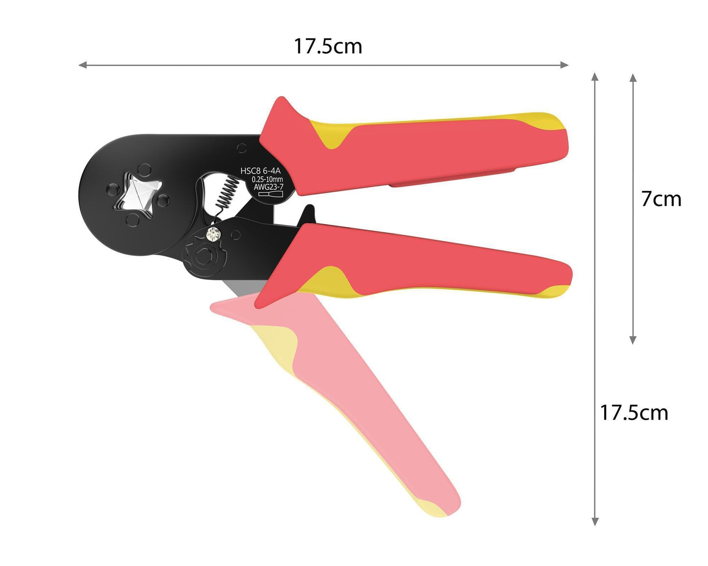 "Präzise Crimpzange in Rot/Gelb für Aderendhülsen 0,25-10mm² – jetzt optimal crimpen!"