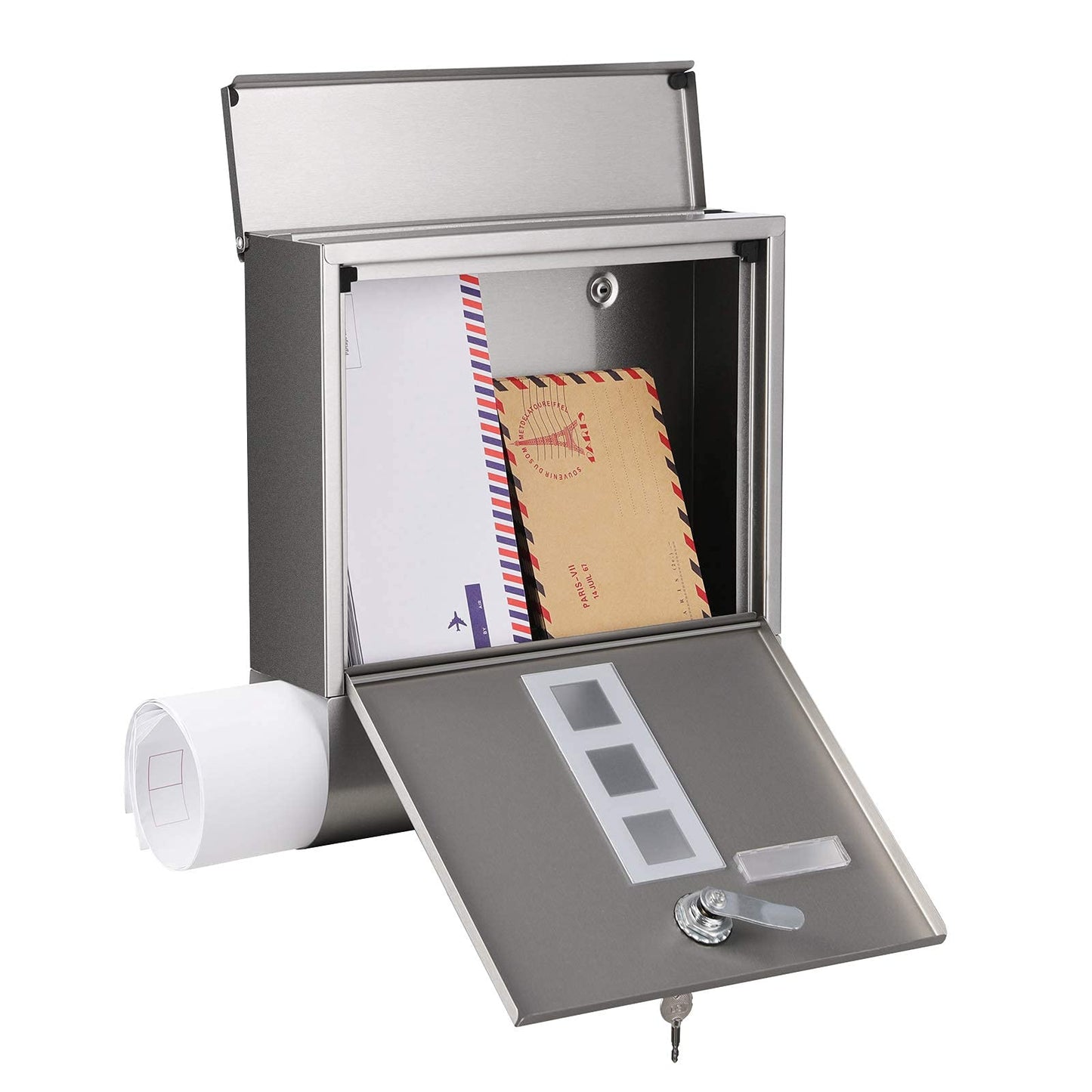 SONGMICS Briefkasten, Postkasten, Schloss mit Kupfer-Schließzylinder und drehbarer Abdeckung, Sichtfenster, Namensschild, Zeitungsfach, einfache Montage, 10 x 30,8 x 33,8 cm, silbern GMB020S02