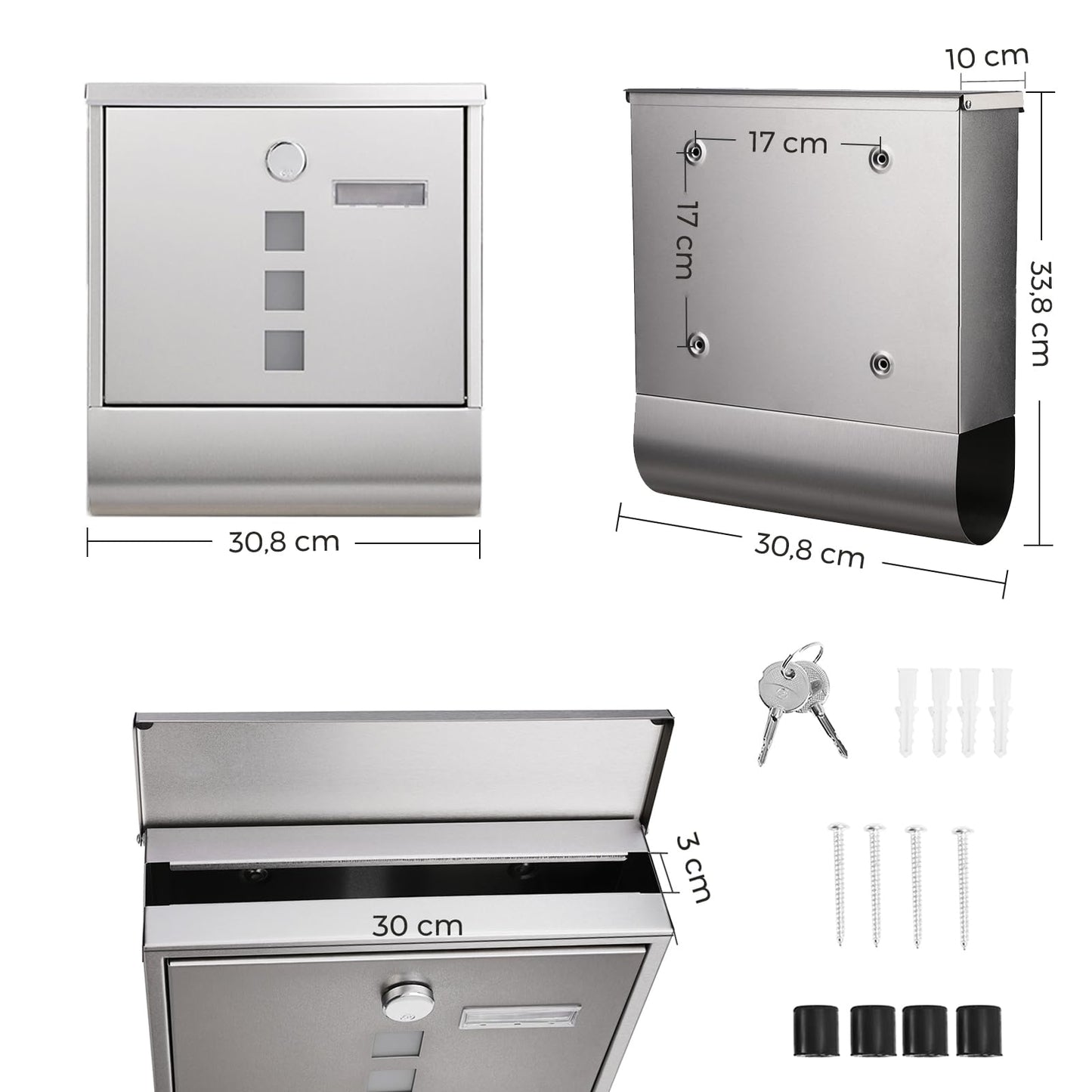 SONGMICS Briefkasten, Postkasten, Schloss mit Kupfer-Schließzylinder und drehbarer Abdeckung, Sichtfenster, Namensschild, Zeitungsfach, einfache Montage, 10 x 30,8 x 33,8 cm, silbern GMB020S02