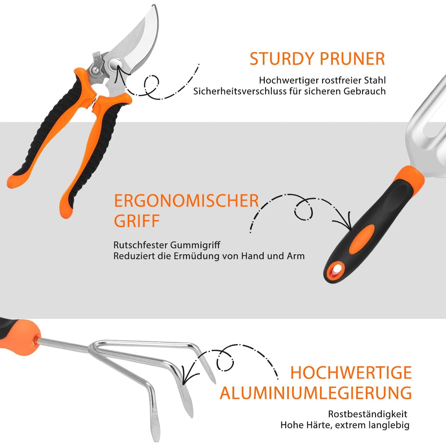 "Voll ausgestattet: 10-teiliges Gartenwerkzeugset in Schwarz und Orange"
