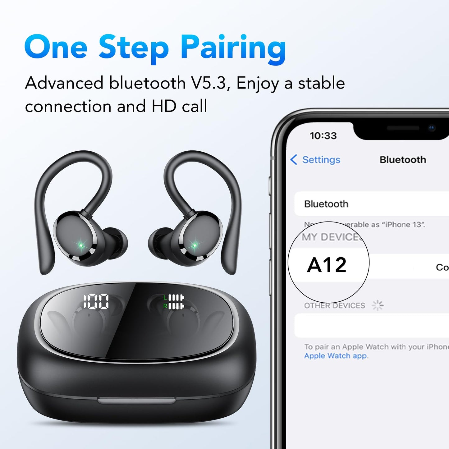 Kopfhörer Kabellos Bluetooth 5.3 Kopfhörer Sport mit ENC Mic, 72 Std Bluetooth Kopfhörer In Ear, Tiefer Bass Earbuds IP7 Wasserdicht Ohrhörer LED-Anzeige USB-C Touch Control mit Ohrhaken