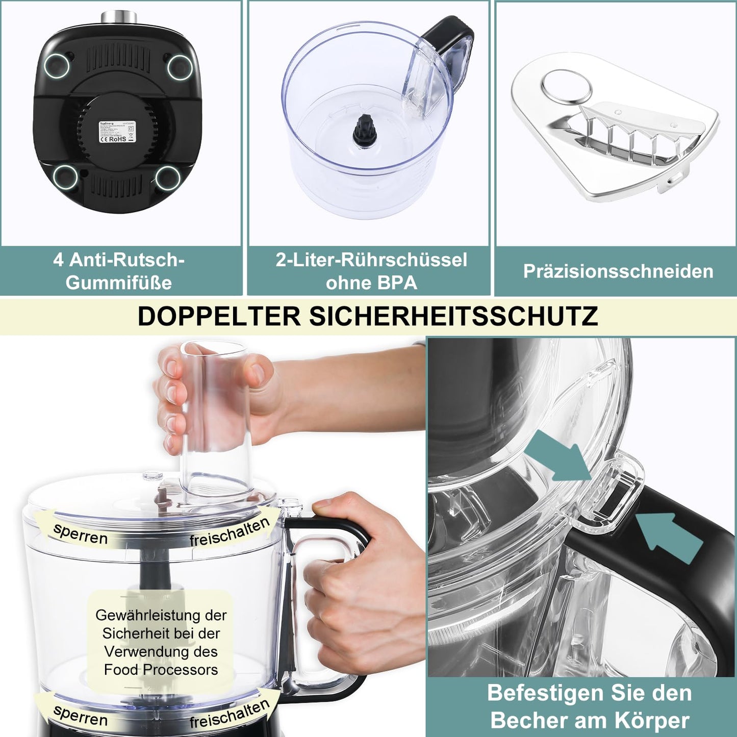 "Vielseitiger Küchenhelfer: 800W 2L Zerkleinerer in elegantem Schwarz"