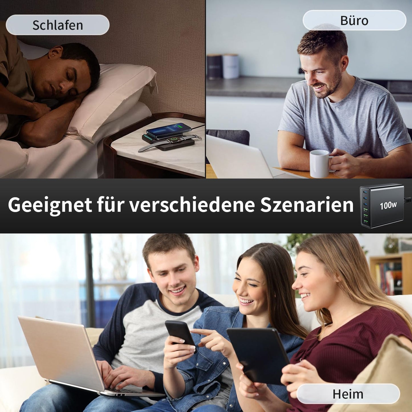 "Vielseitige Ladeleistung: 6-Port 100W USB C Ladegerät für Zuhause und unterwegs"