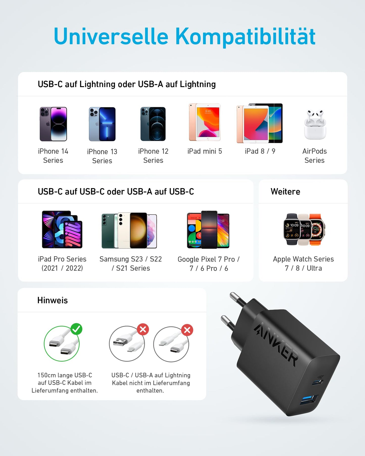 Anker 20W USB C Ladegerät, iPad Netzteil, USB-Schnellladenetzteil, iPad Ladegerät, Kompatibel mit iPhone 16/15/iPhone 15 Plus/iPhone 15 Pro/iPhone 15 Pro Max/iPad und mehr (mit 150cm USB-C Kabel)