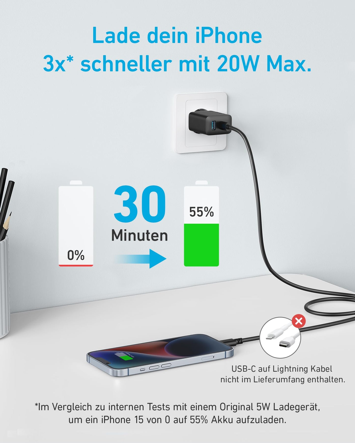 Anker 20W USB C Ladegerät, iPad Netzteil, USB-Schnellladenetzteil, iPad Ladegerät, Kompatibel mit iPhone 16/15/iPhone 15 Plus/iPhone 15 Pro/iPhone 15 Pro Max/iPad und mehr (mit 150cm USB-C Kabel)