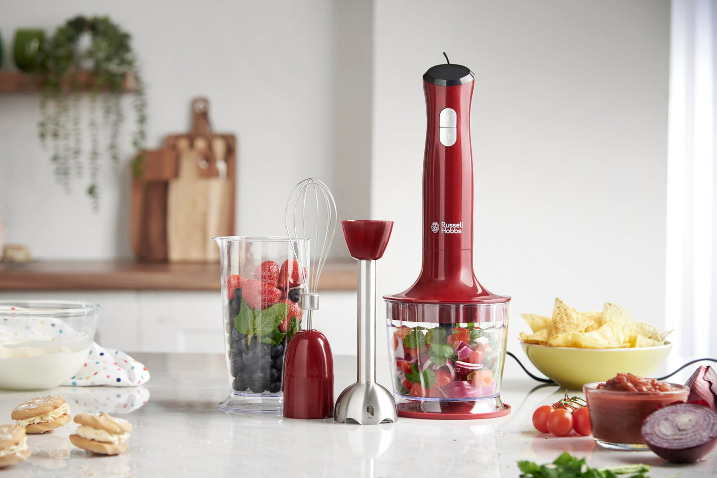 "Multifunktional und kraftvoll: 3-in-1 Stabmixer in elegantem Rot"