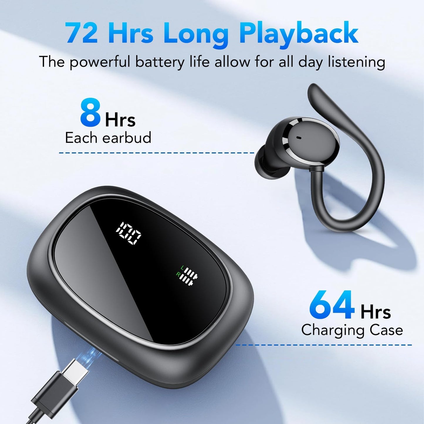 Kopfhörer Kabellos Bluetooth 5.3 Kopfhörer Sport mit ENC Mic, 72 Std Bluetooth Kopfhörer In Ear, Tiefer Bass Earbuds IP7 Wasserdicht Ohrhörer LED-Anzeige USB-C Touch Control mit Ohrhaken
