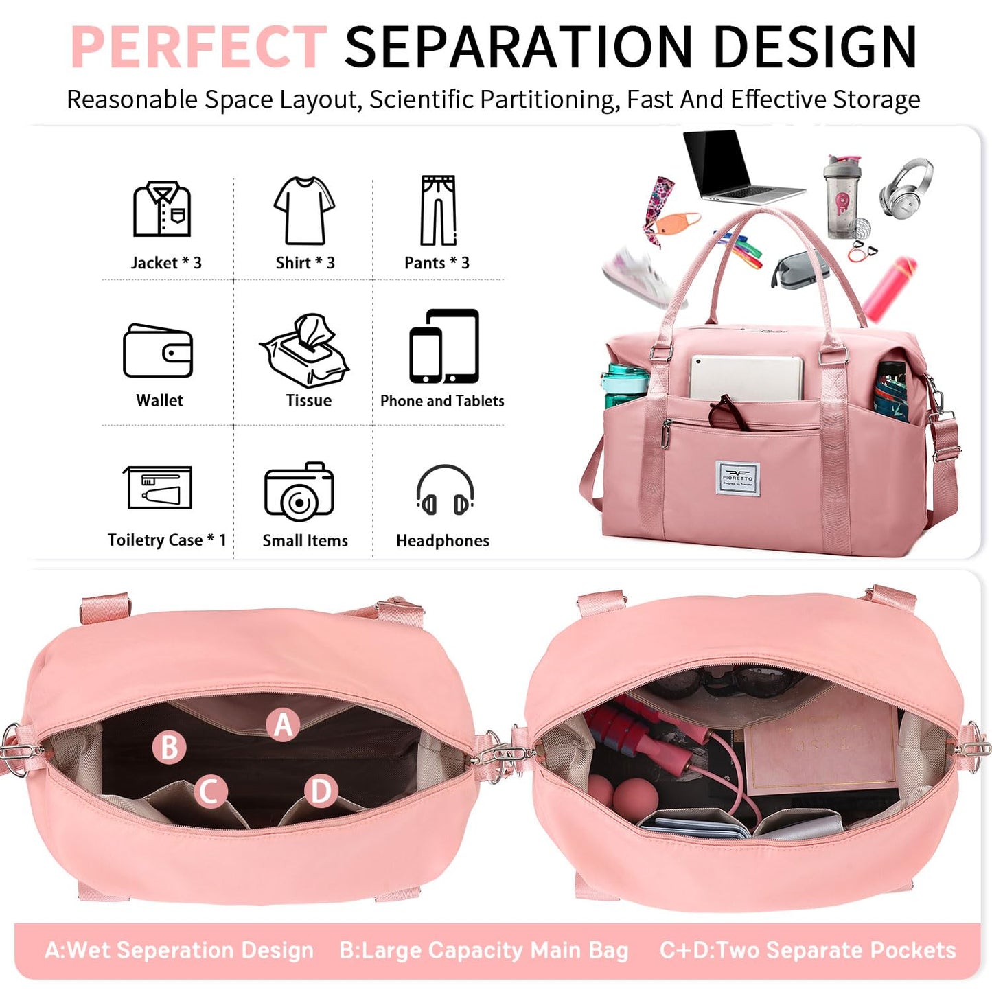 FIORETTO Damen Reisetasche Sporttasche Handgepäck Weekender Bag Schwimmtasche Wasserdicht Travel Bag Duffle Bag Fitnesstasche Trainingstasche für Damen Rosa Large