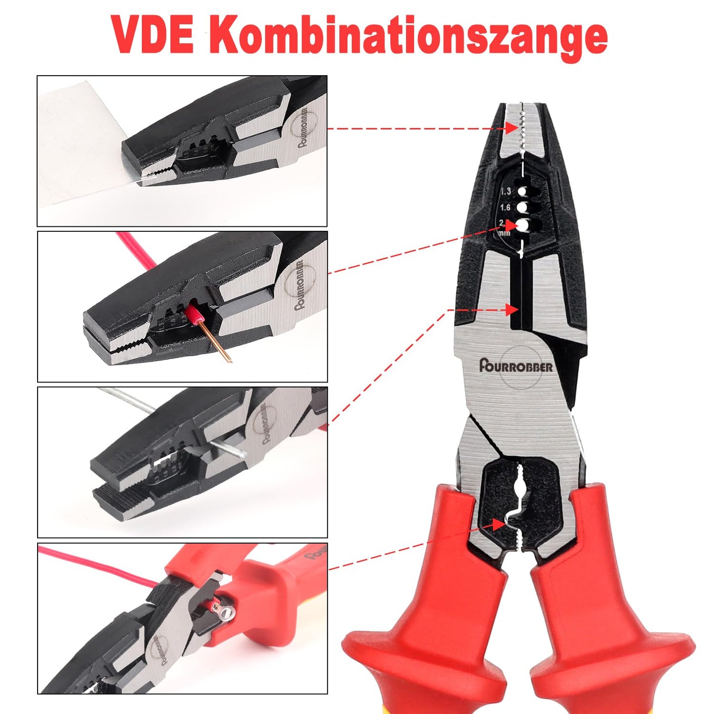 FOURROBBER 3 tlg VDE 60CrV Isolierter Zangen Set, Universal Kombizange,Spitzzange und Seitenschneider, mit isolierten Griffen,VDE-geprüft 1000V