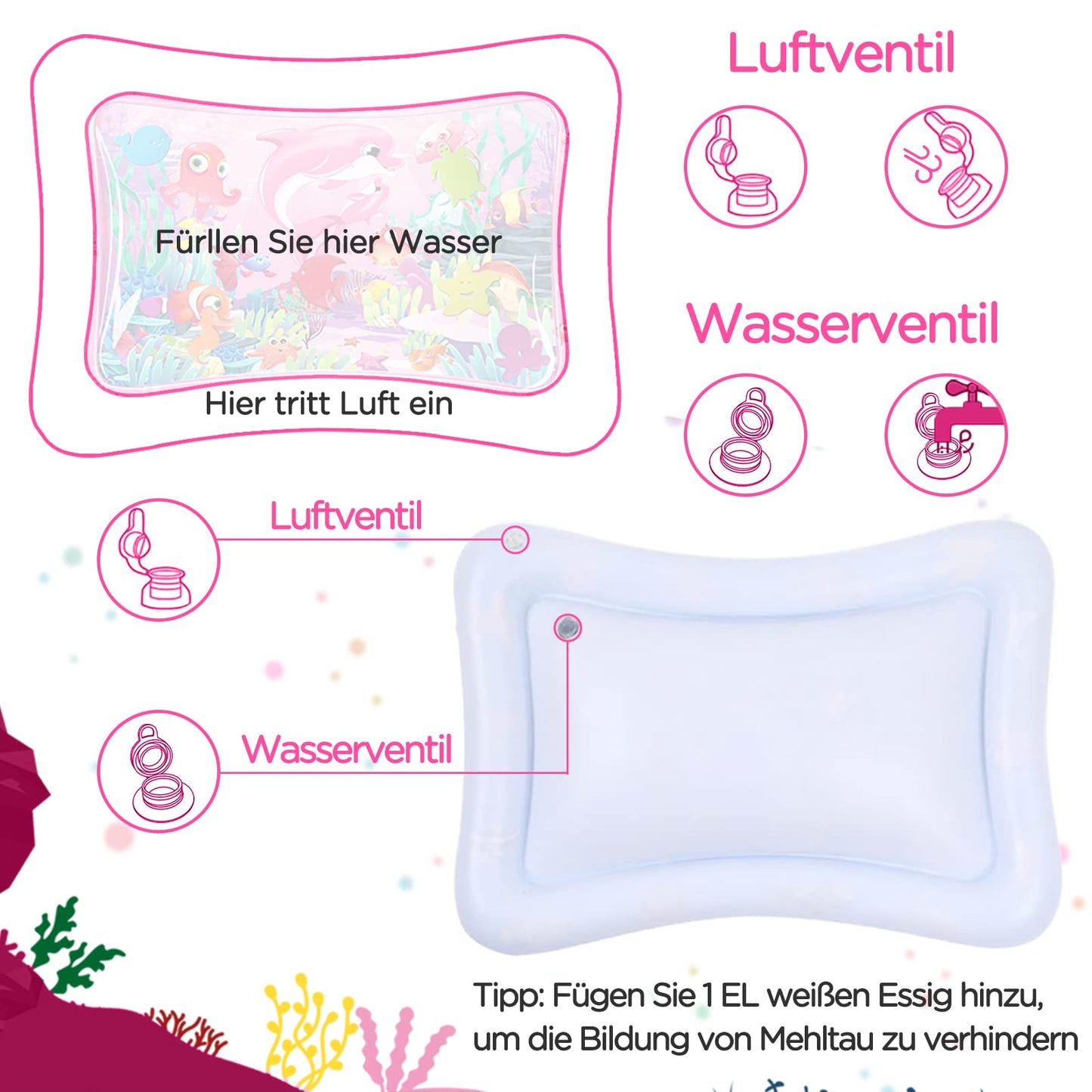 "Spritziger Spaß für die Kleinsten: Rosa Wassermatte mit Meerestier-Spielzeug"