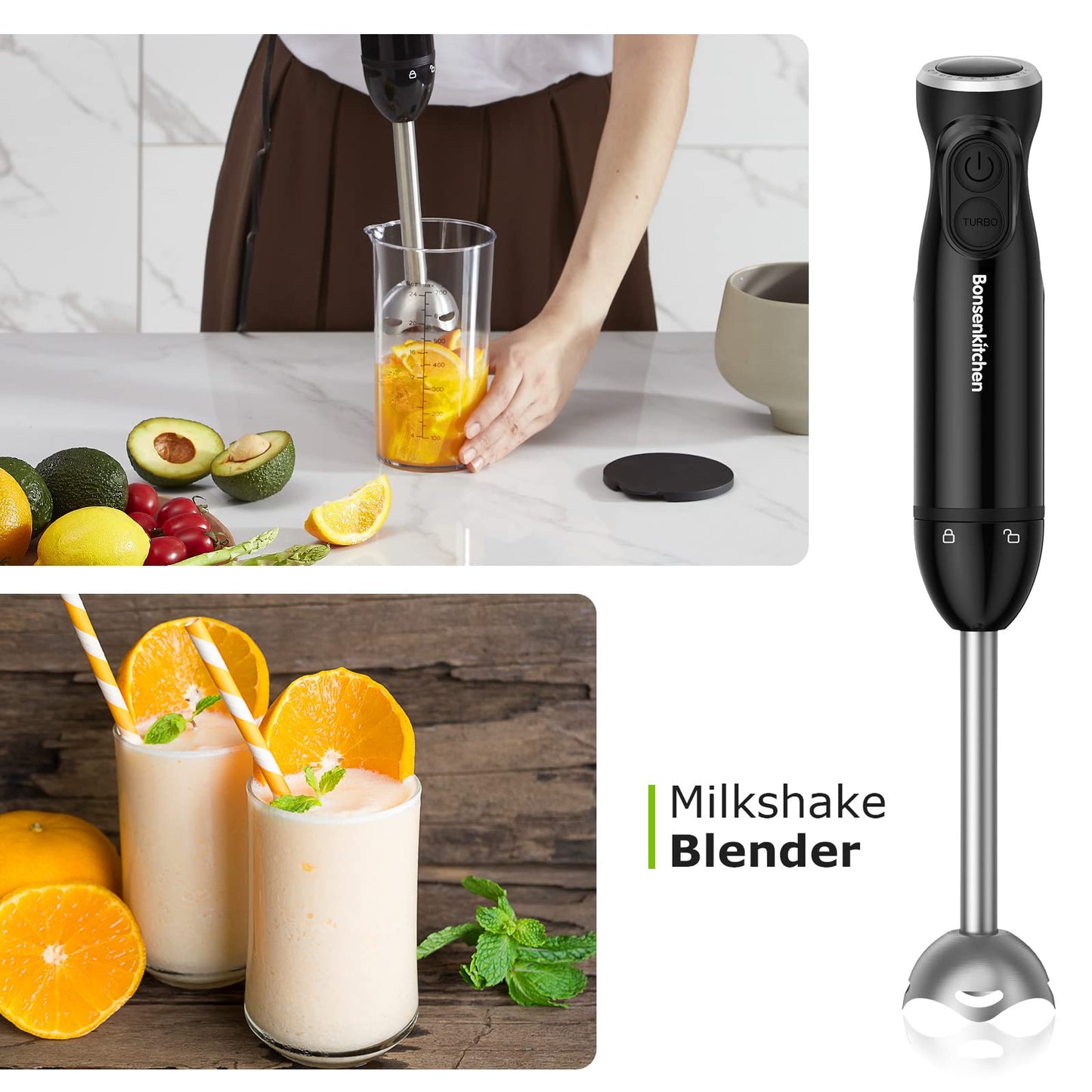 "Vielseitiger Genuss: 3-in-1 Stabmixer mit 1000W in Schwarz für Ihre Küche"