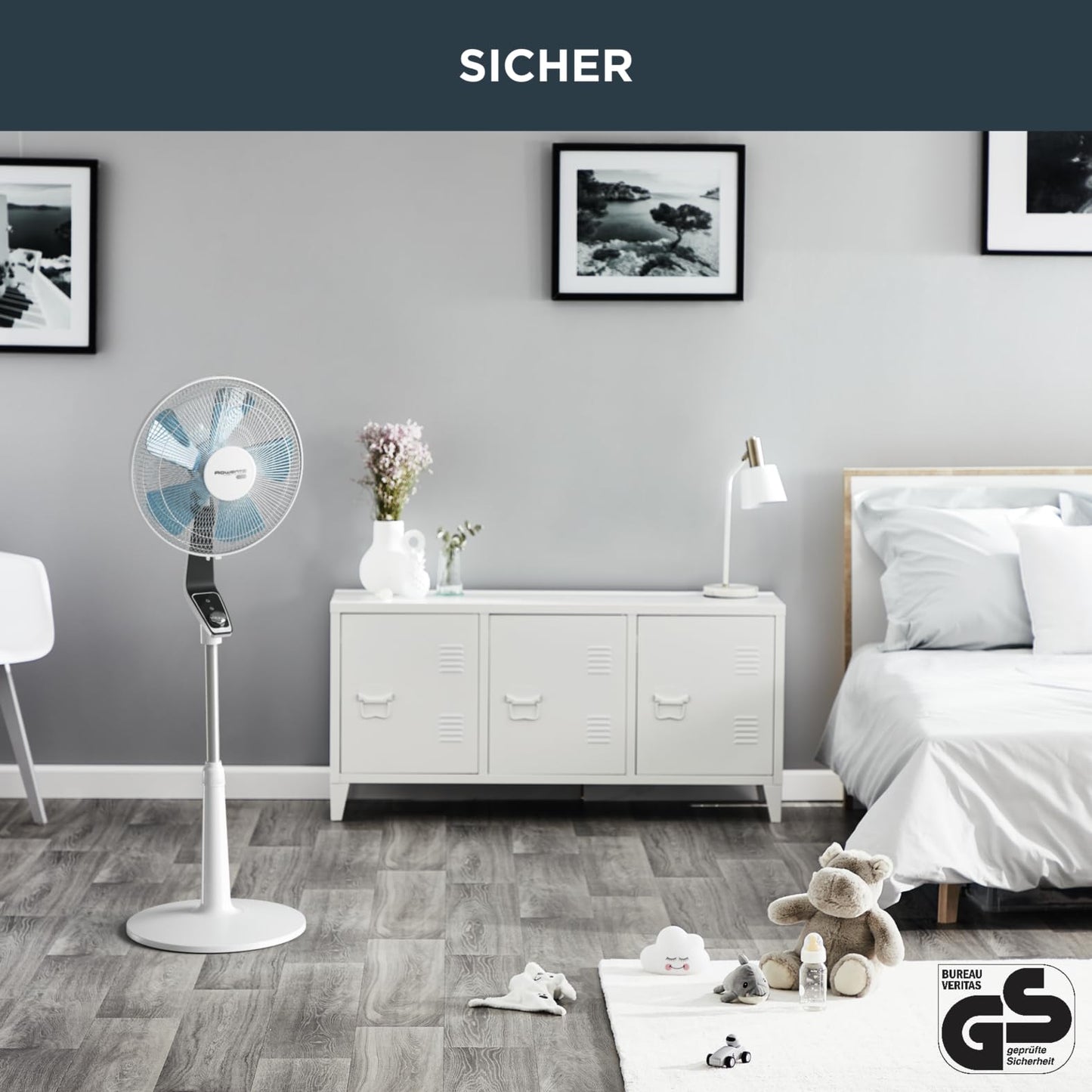 "Erfrischende Stille: Leiser Standventilator in elegantem Weiß/Schwarz"