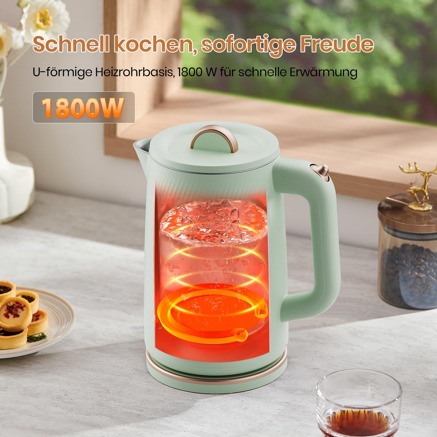 "Schnelles Kochen: 1,8L Edelstahl-Wasserkocher in Hellgrün mit Sicherheit"