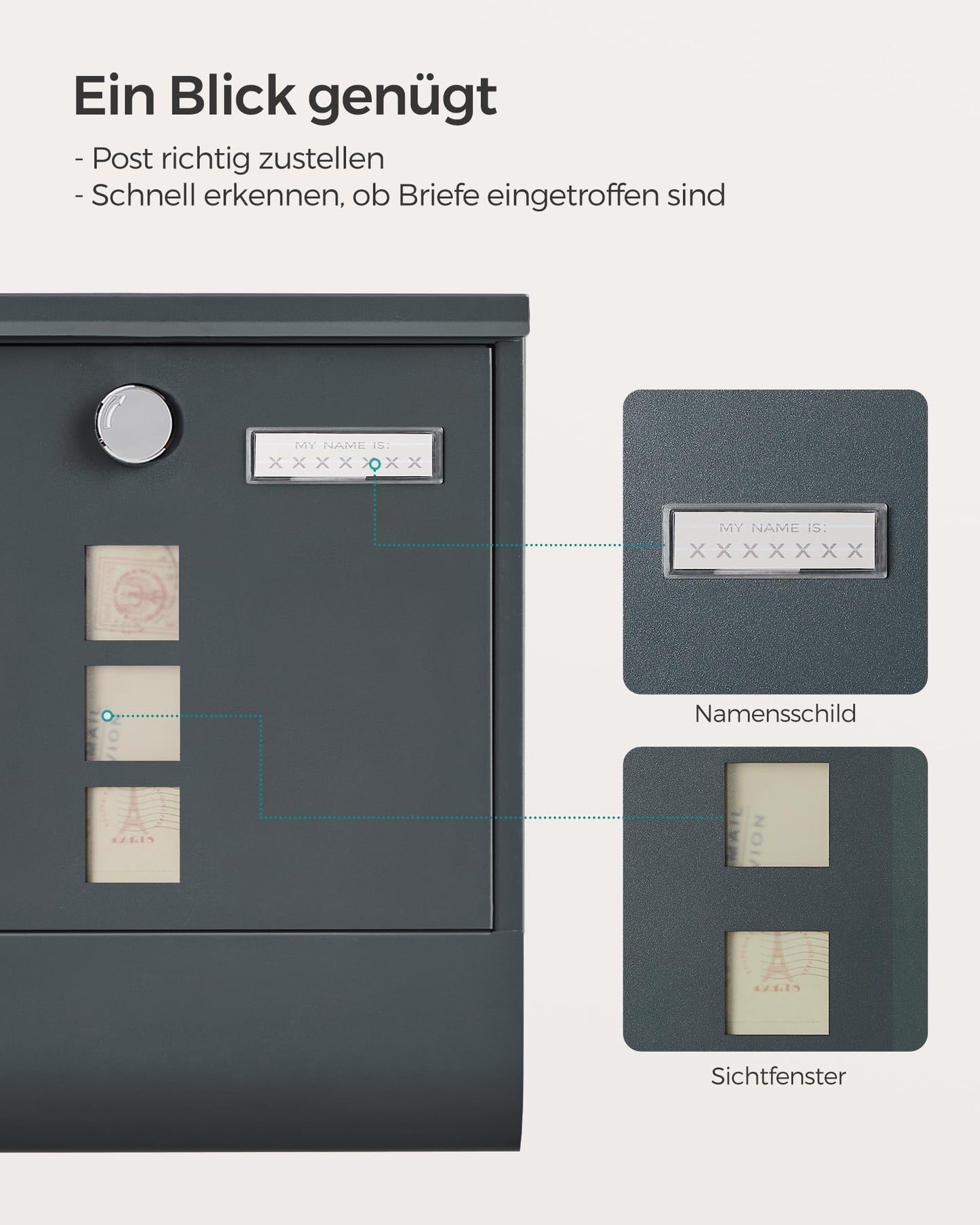 SONGMICS Wandbriefkasten, mit Schloss mit Drehdeckel, Sichtfenster, Namensschild, Zeitungsfach, einfache Montage, 10 x 30,8 x 33,8 cm, Anthrazitgrau GMB20AG