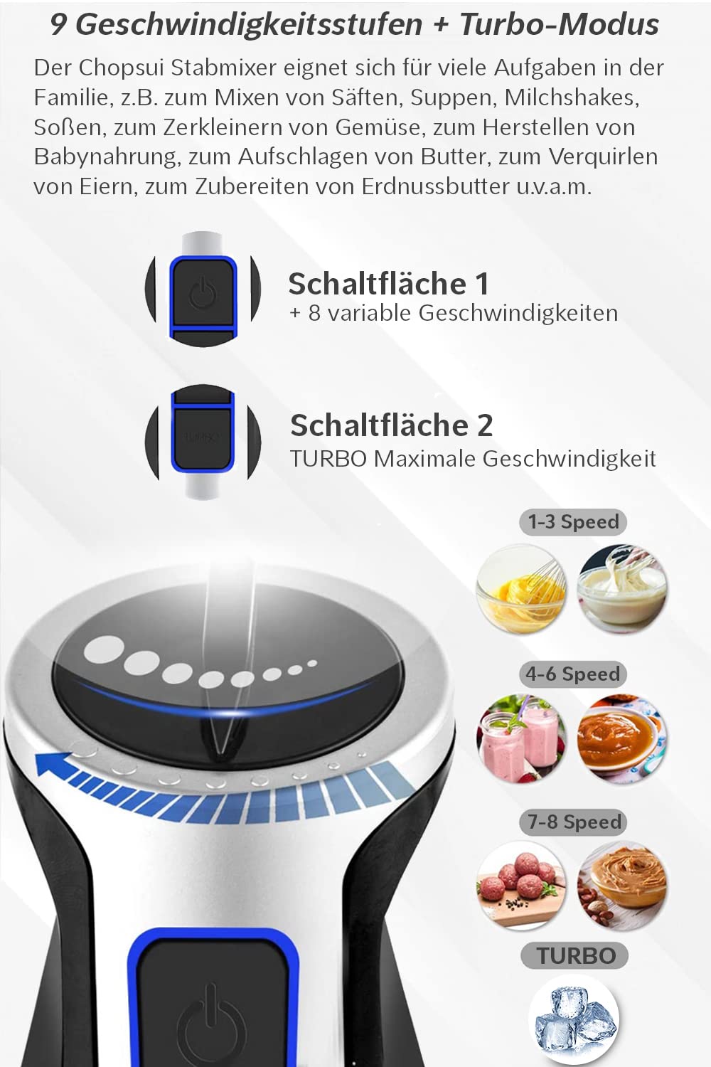 "Vielseitiger 6-in-1 Stabmixer: 1300 W Turbo-Power in elegantem Silber!"