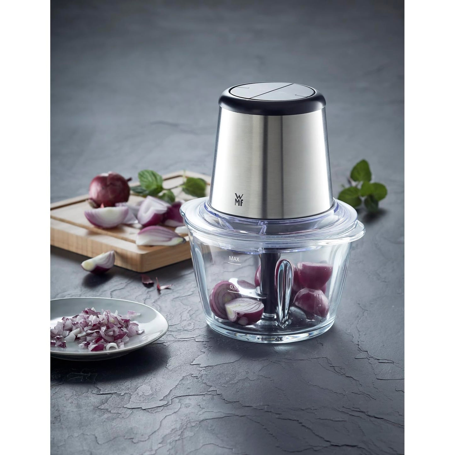 "Schneiden leicht gemacht: 1L Glas-Zerkleinerer mit 320 W für kreative Köche!"