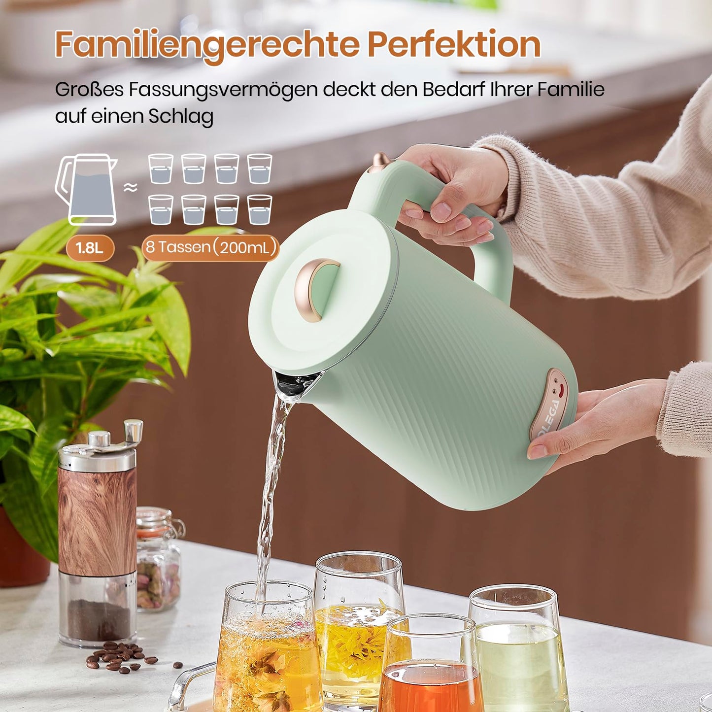 "Schnelles Kochen: 1,8L Edelstahl-Wasserkocher in Hellgrün mit Sicherheit"