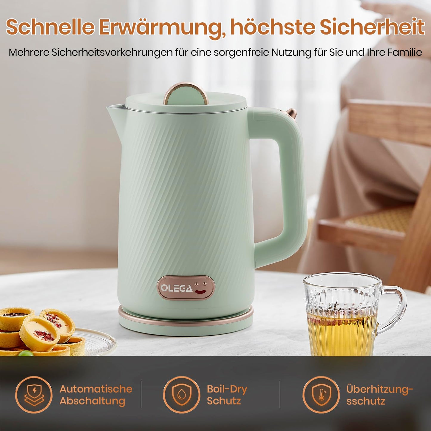 "Schnelles Kochen: 1,8L Edelstahl-Wasserkocher in Hellgrün mit Sicherheit"