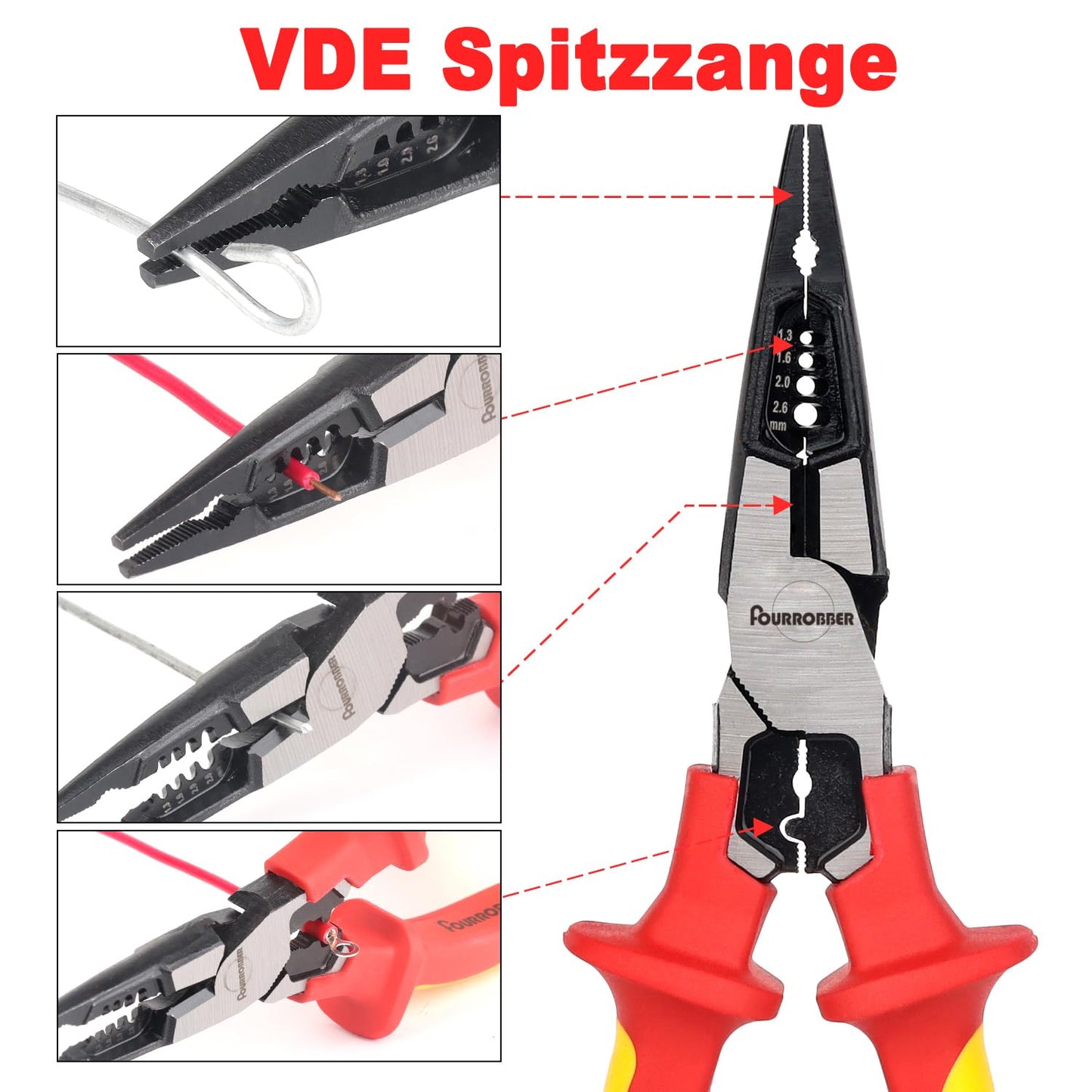 FOURROBBER 3 tlg VDE 60CrV Isolierter Zangen Set, Universal Kombizange,Spitzzange und Seitenschneider, mit isolierten Griffen,VDE-geprüft 1000V