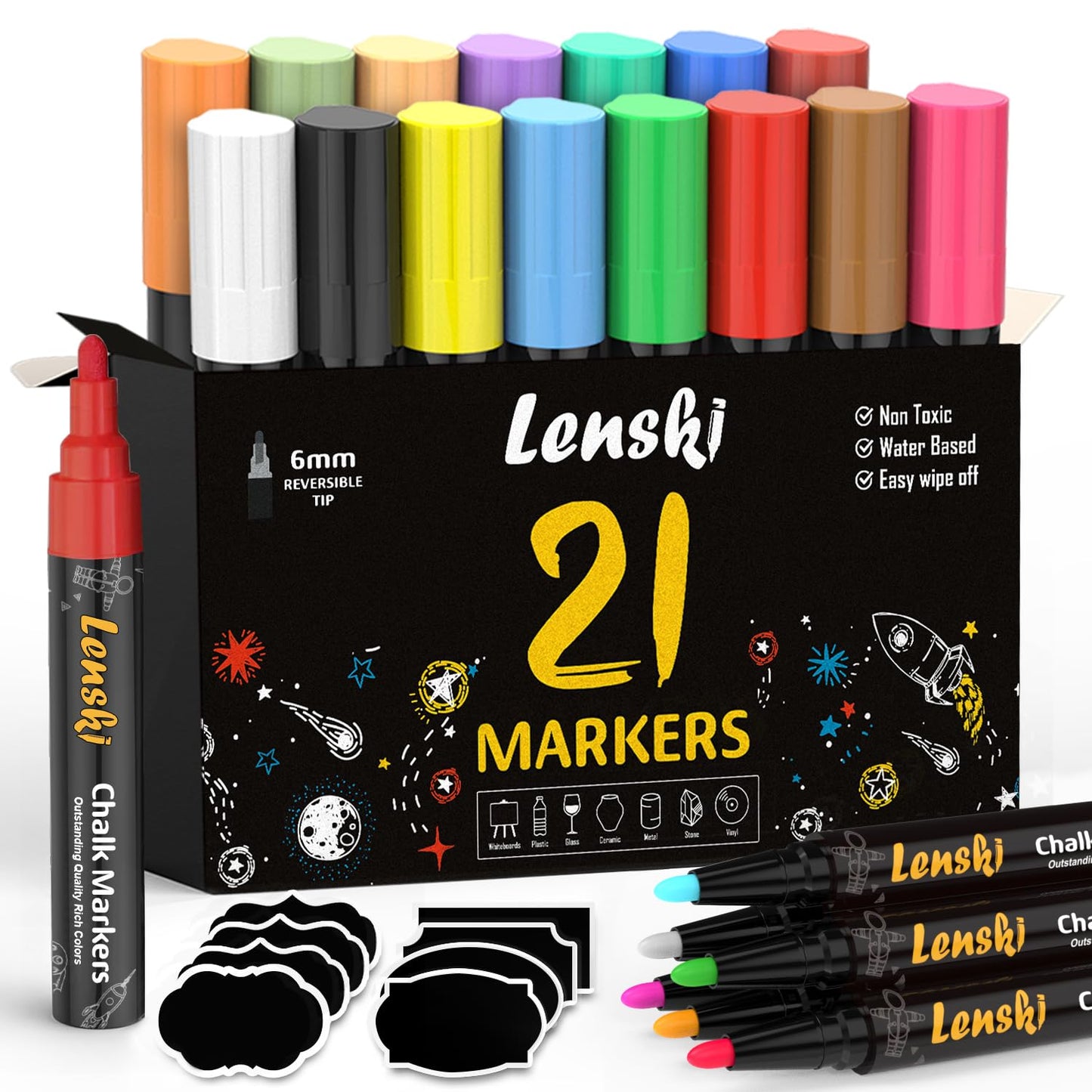 Lenski 21 Kreidestifte für Tafel Abwaschbar, Einschulung Mädchen, Stifte 6MM Kreidestifte für Fenster, Whiteboard Kreidemarker Fensterstifte Fenstermalstifte Tafelstifte Fensterkreide Glasmalstifte
