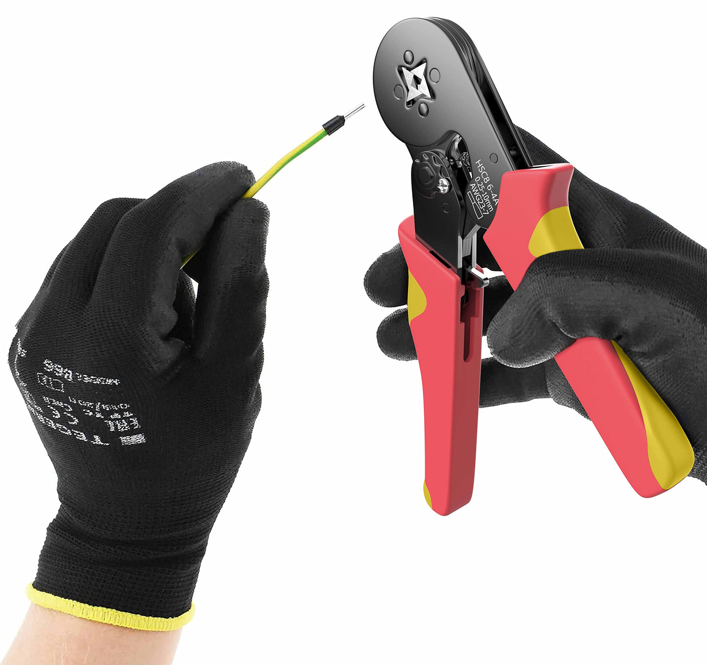 "Präzise Crimpzange in Rot/Gelb für Aderendhülsen 0,25-10mm² – jetzt optimal crimpen!"