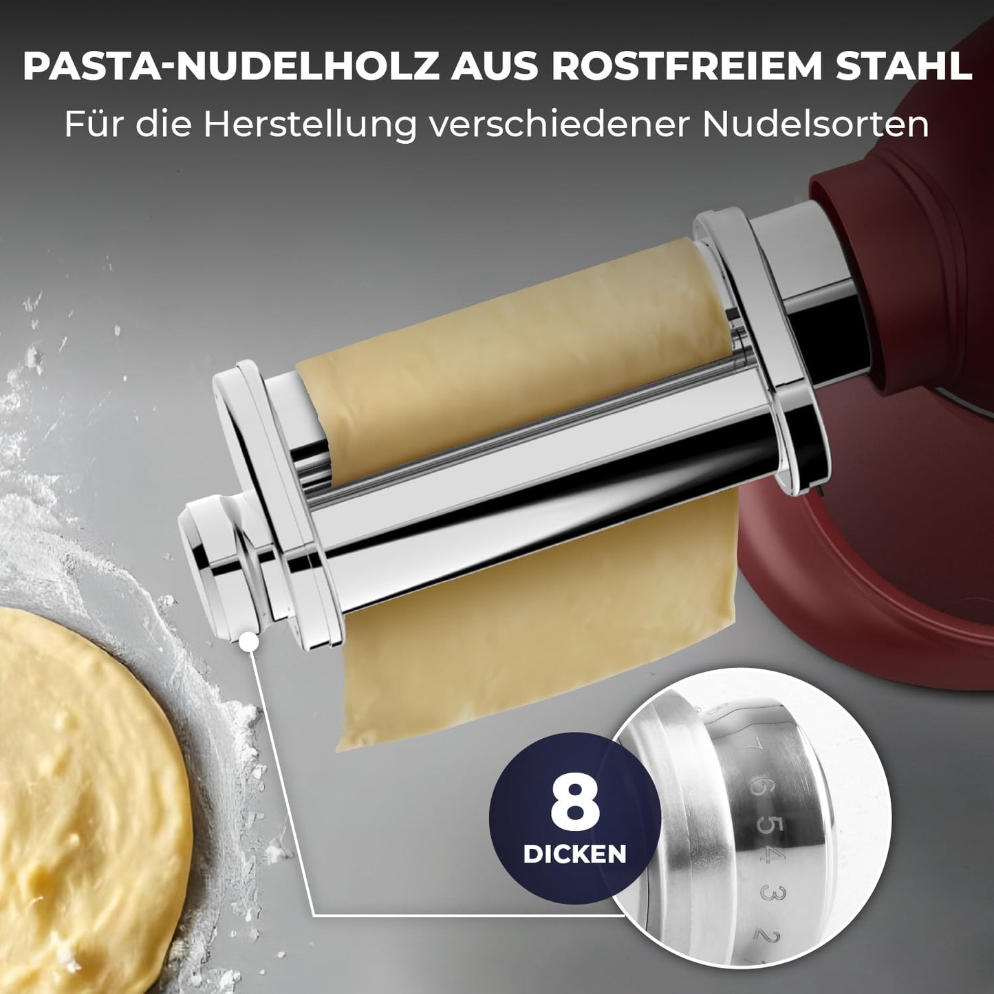 "Vielseitige Küchenmaschine in Rot: 2000W für Teig und frische Pasta"