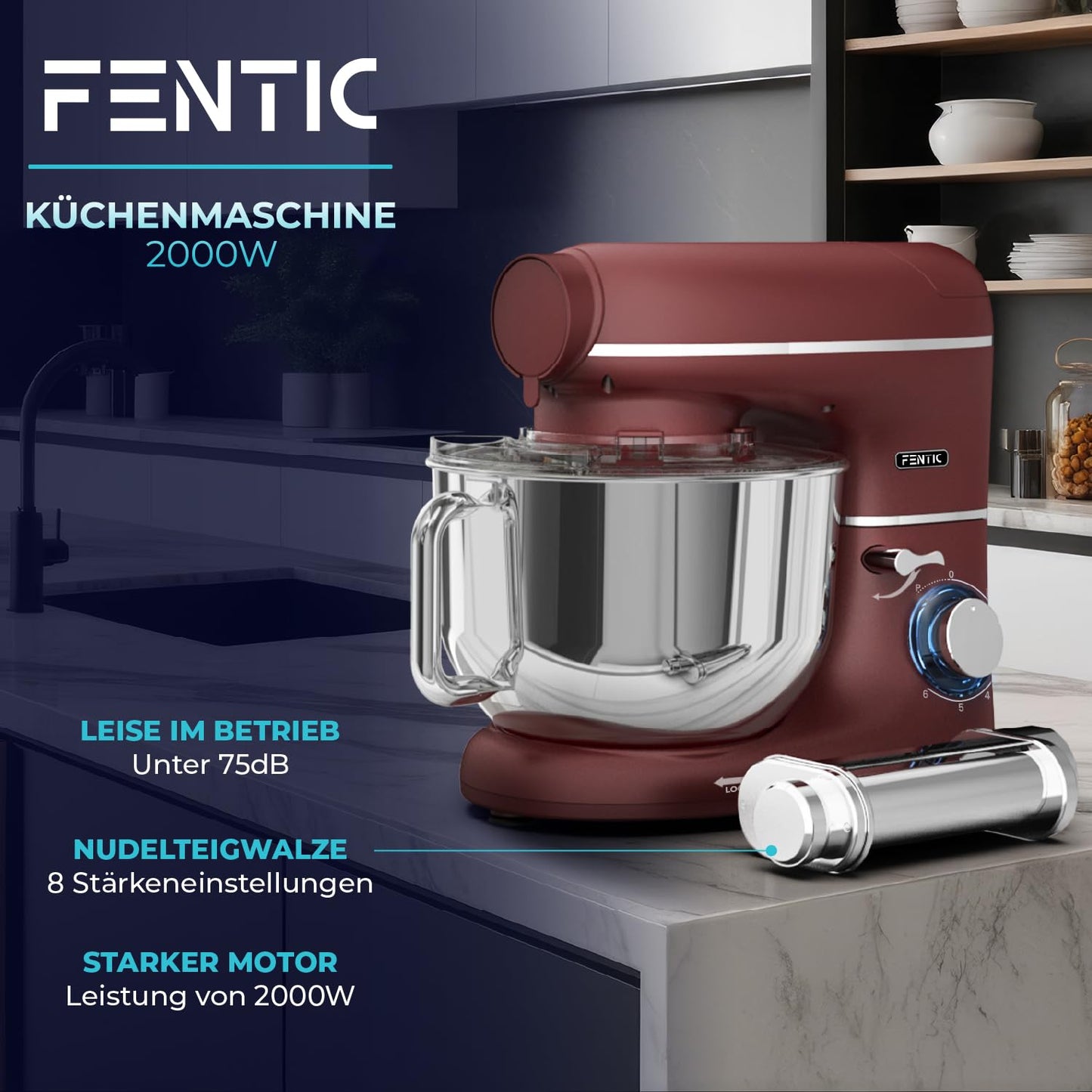 "Vielseitige Küchenmaschine in Rot: 2000W für Teig und frische Pasta"