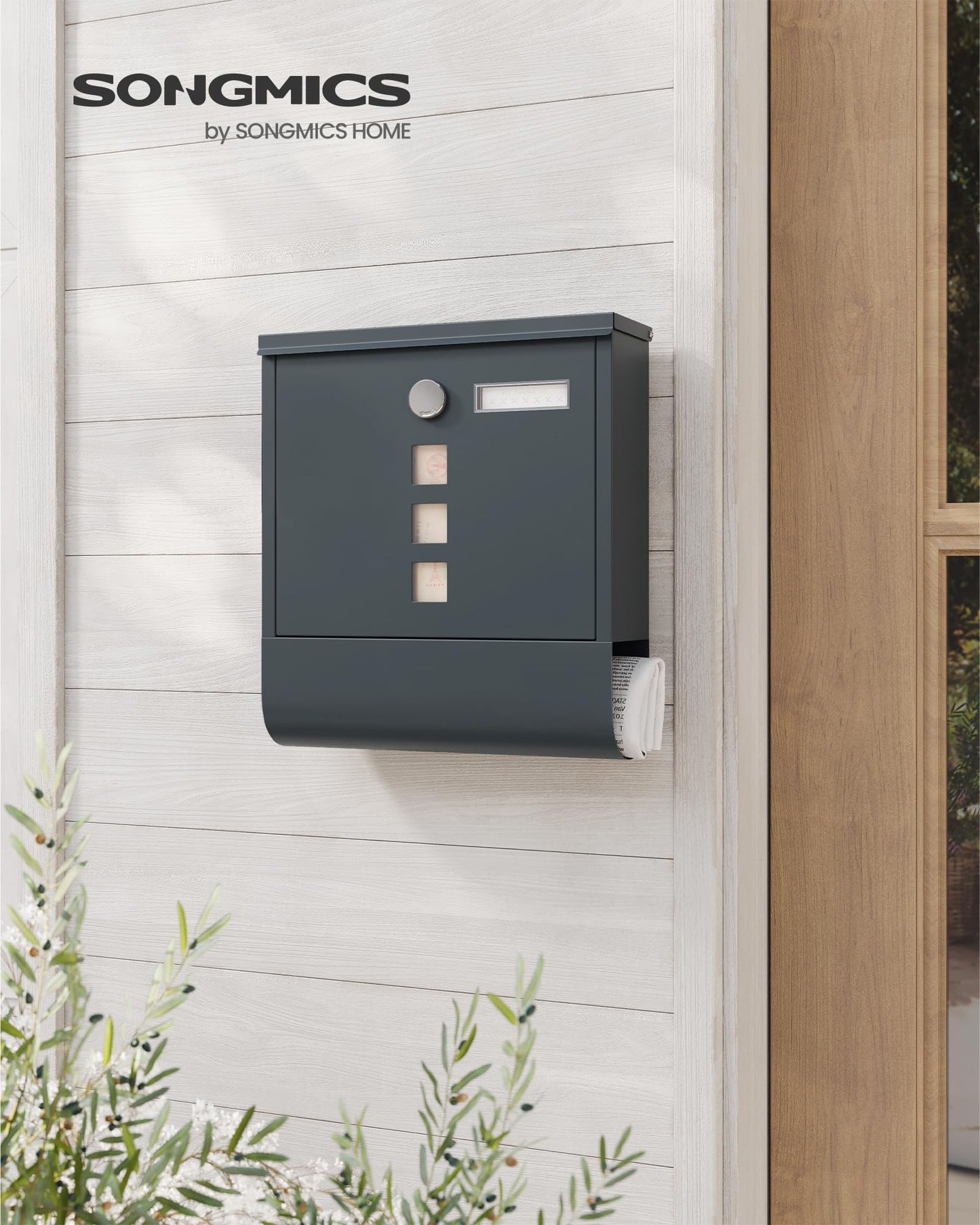 SONGMICS Wandbriefkasten, mit Schloss mit Drehdeckel, Sichtfenster, Namensschild, Zeitungsfach, einfache Montage, 10 x 30,8 x 33,8 cm, Anthrazitgrau GMB20AG