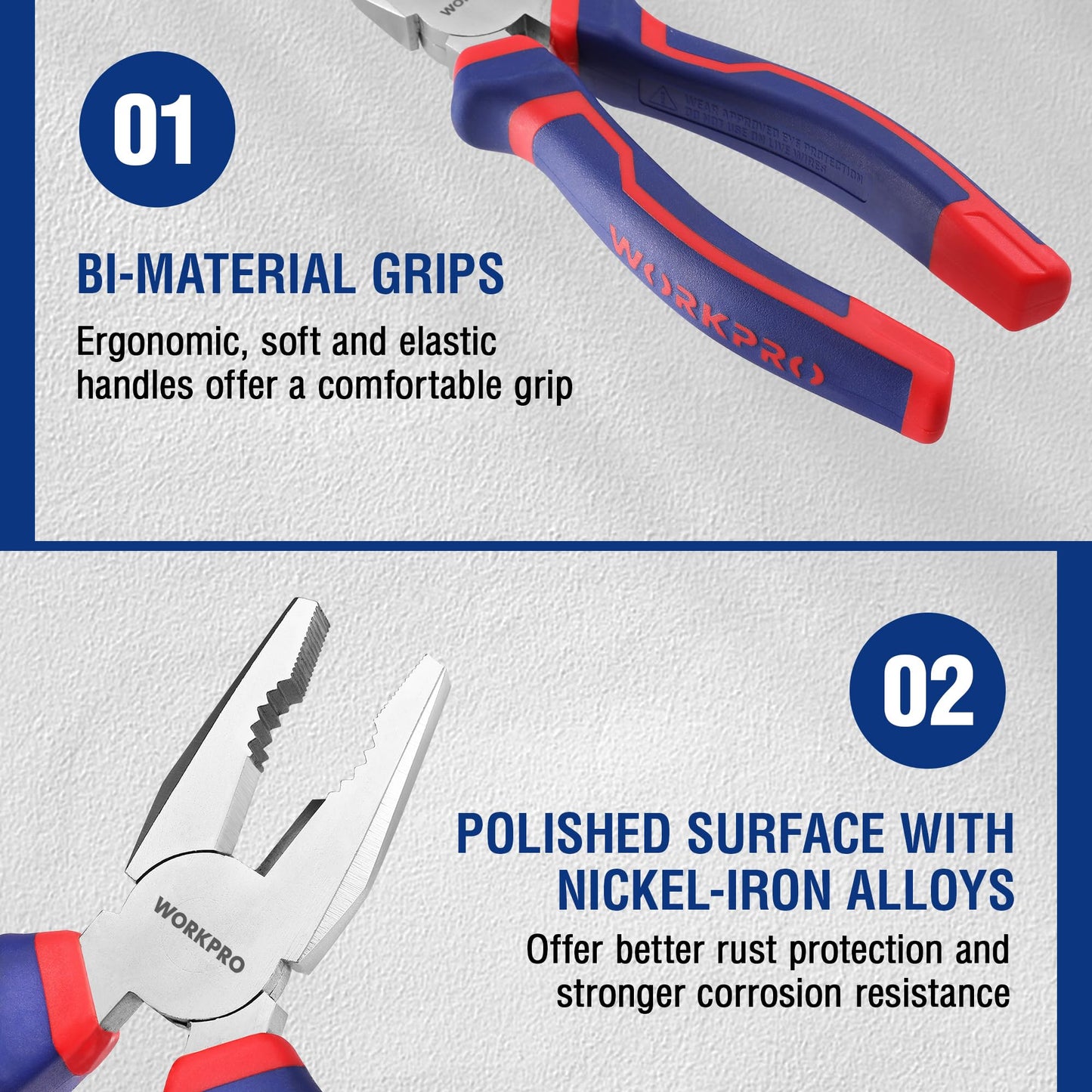 WORKPRO Zangen Set 3tlg. Zangensatz Kombizange 180mm Spitzzange 160mm Seitenschneider 160mm Profi Zangenset für Heimwerker, Profis, DIY, Reparatur
