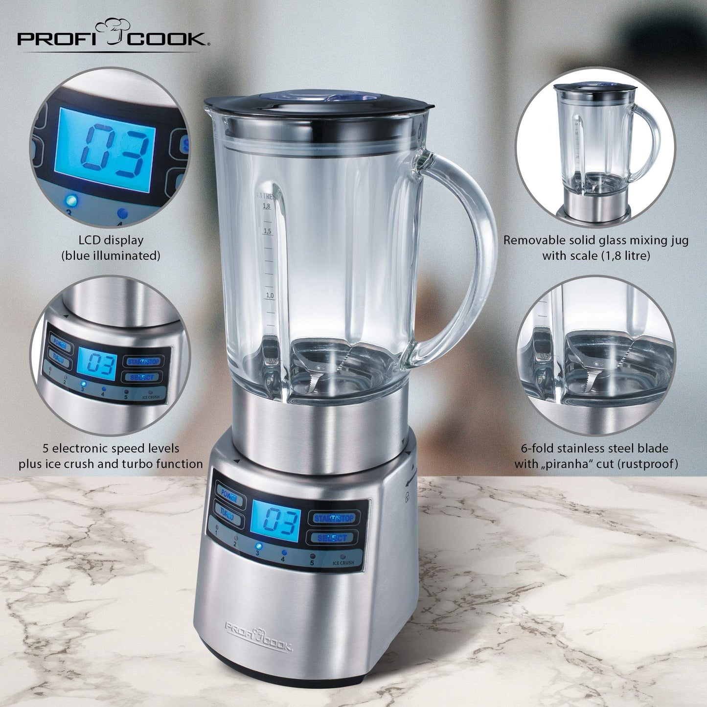 "Mixen wie ein Profi: Edelstahl-Universalmixer mit 1,8L Glasbehälter"