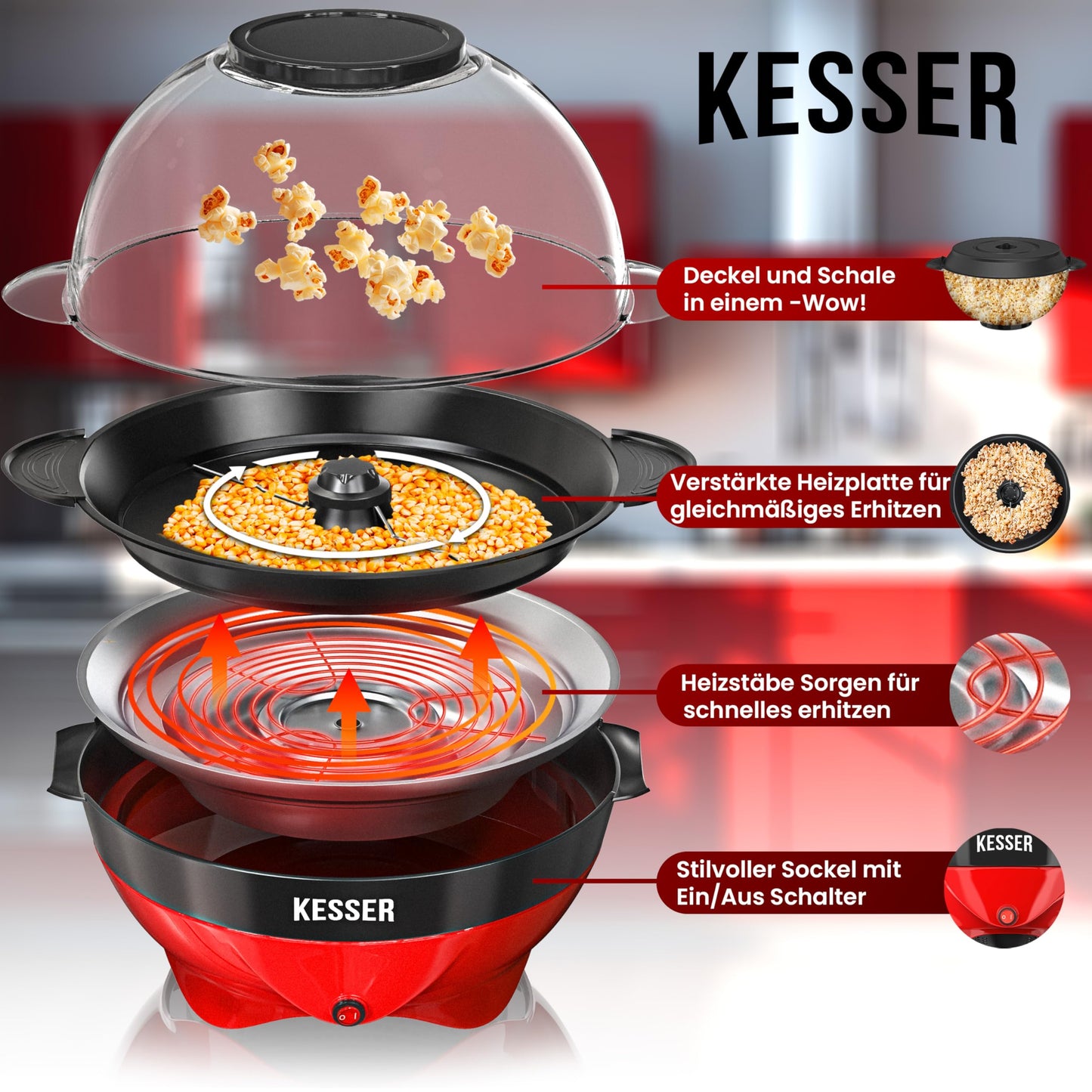 "Genießen Sie das Kino-Feeling: Retro Popcornmaschine in Rot für 5,5l Genuss!"