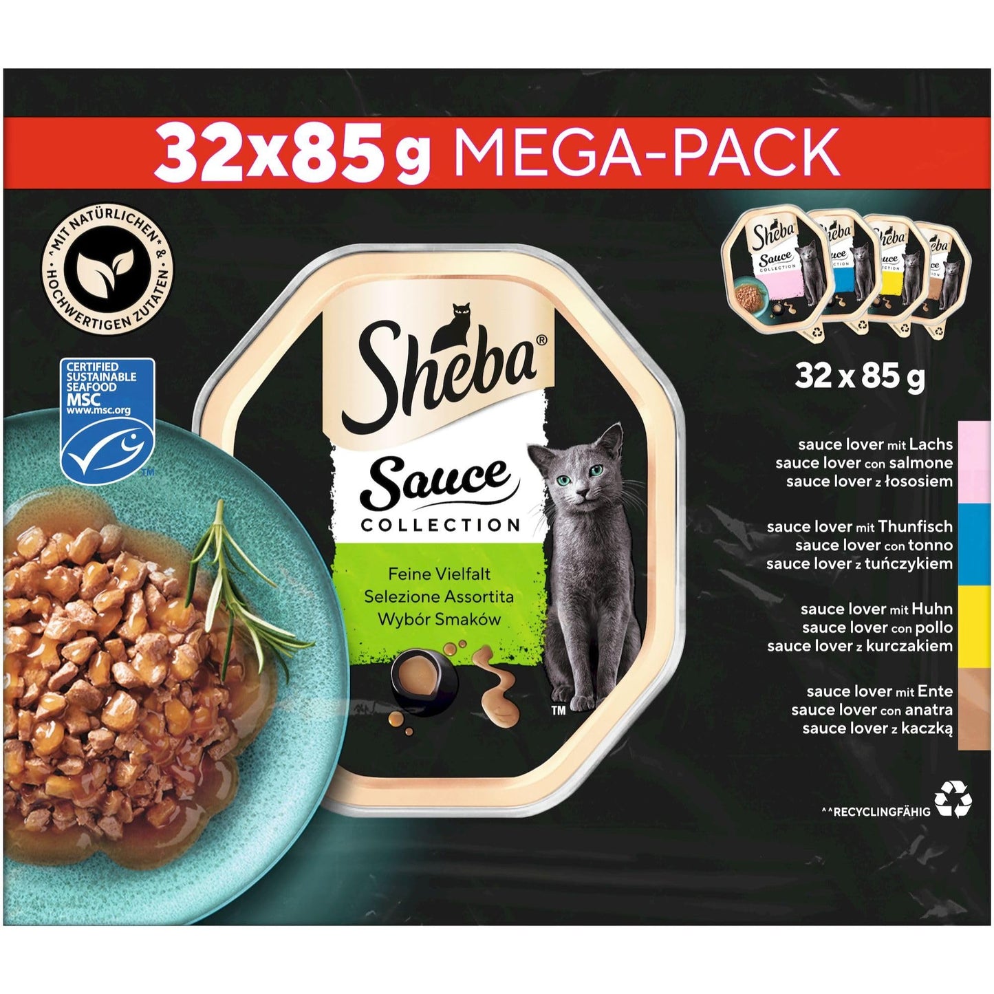 "Feinste Vielfalt für Ihre Katze: 32x HERZHAFTE Nassfutter-Schalen in Sauce"