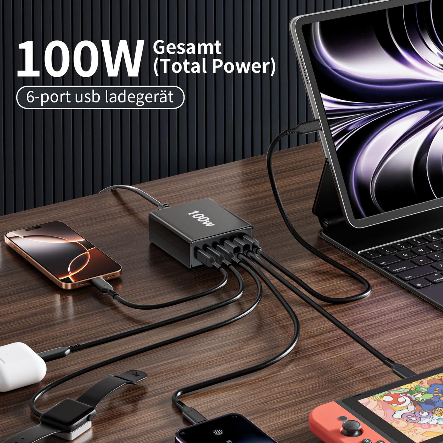 "Vielseitige Ladeleistung: 6-Port 100W USB C Ladegerät für Zuhause und unterwegs"