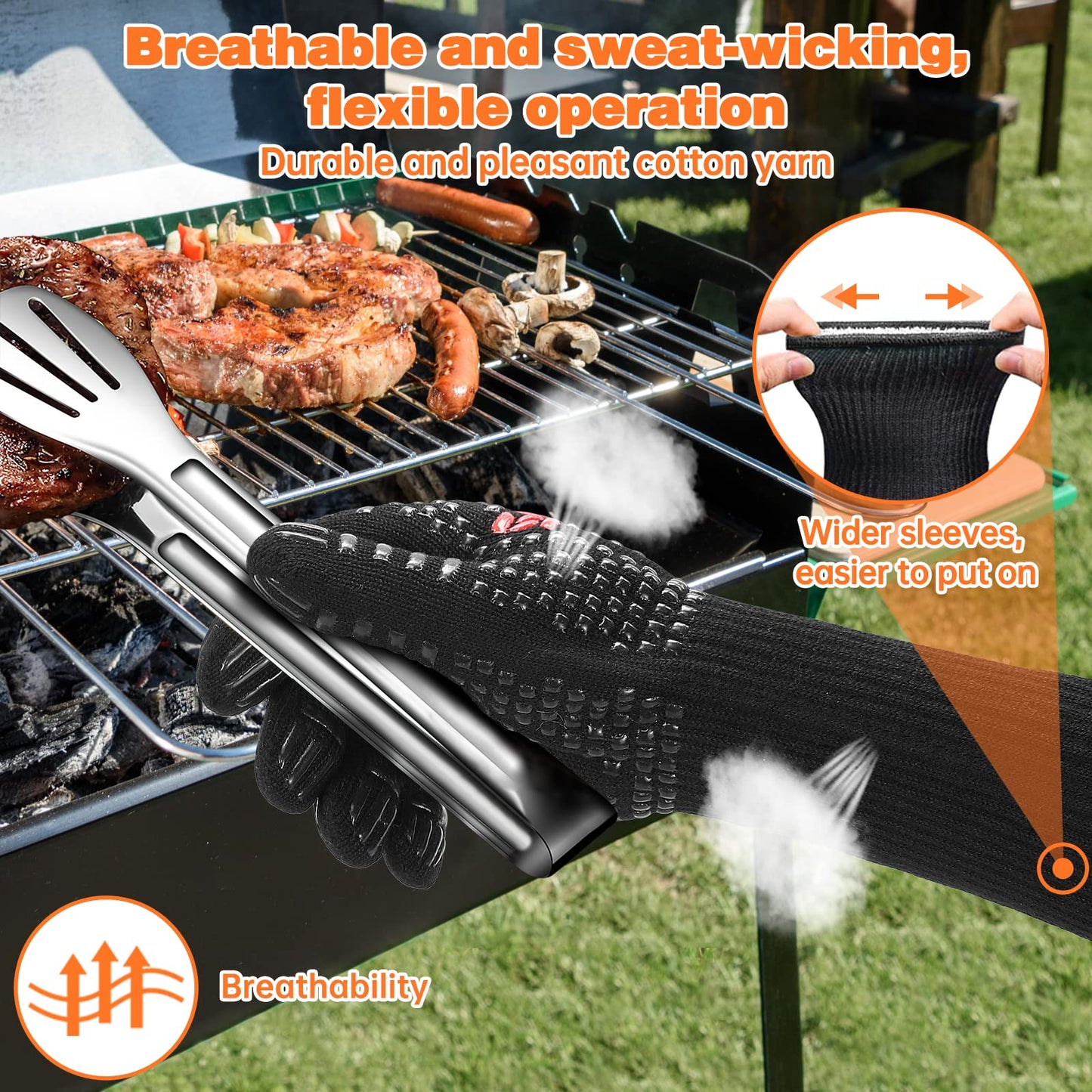 "Hitzebeständige Grillhandschuhe: Rutschfest & sicher bis 800°C, Schwarz"