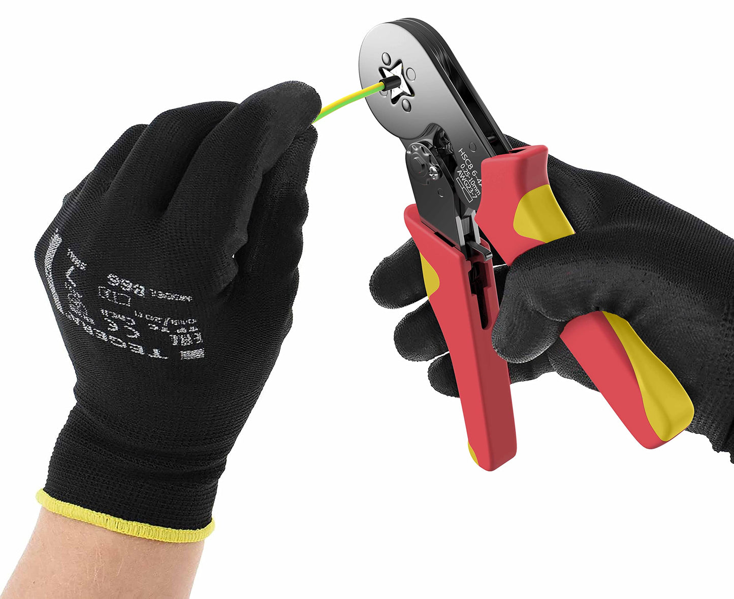 "Präzise Crimpzange in Rot/Gelb für Aderendhülsen 0,25-10mm² – jetzt optimal crimpen!"
