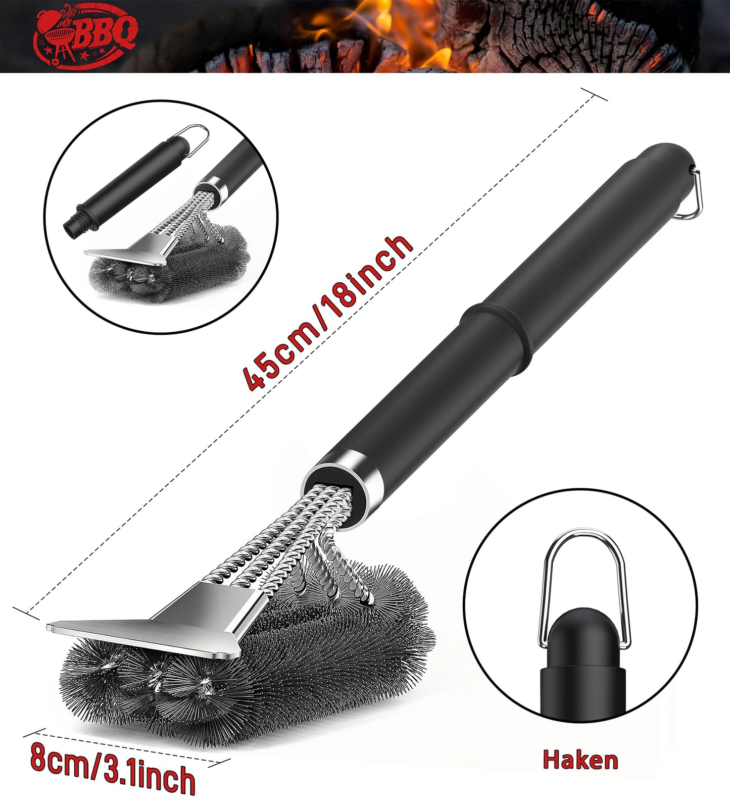 "Effektive Reinigung: 3in1 Grillbürste mit Edelstahl-Schaber in Schwarz"