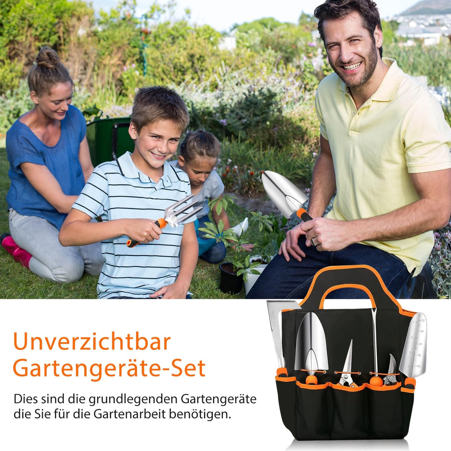 "Voll ausgestattet: 10-teiliges Gartenwerkzeugset in Schwarz und Orange"