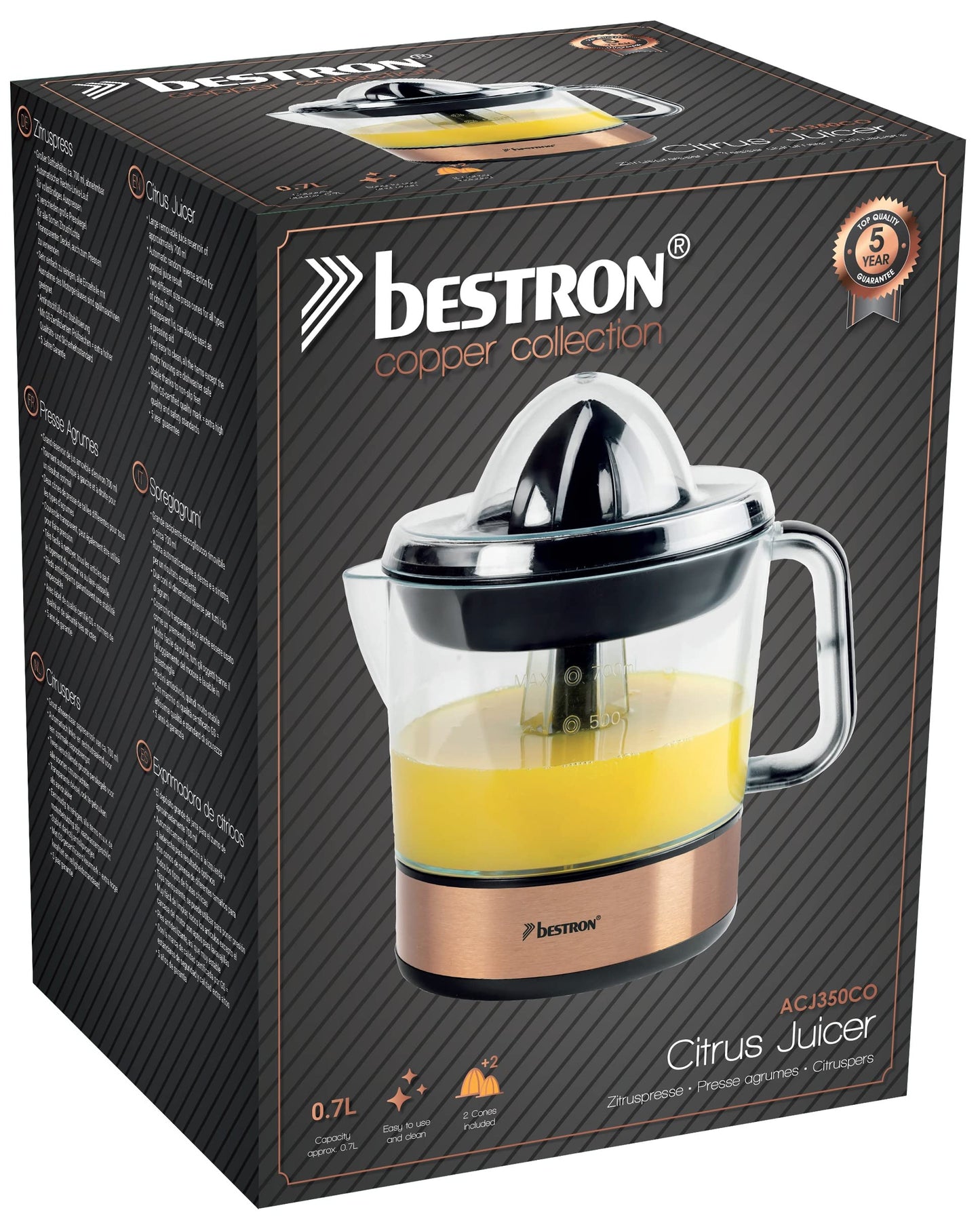 "Frisch gepresst: Kupferne Zitruspresse mit 2 Kegeln für aromatischen Genuss!"