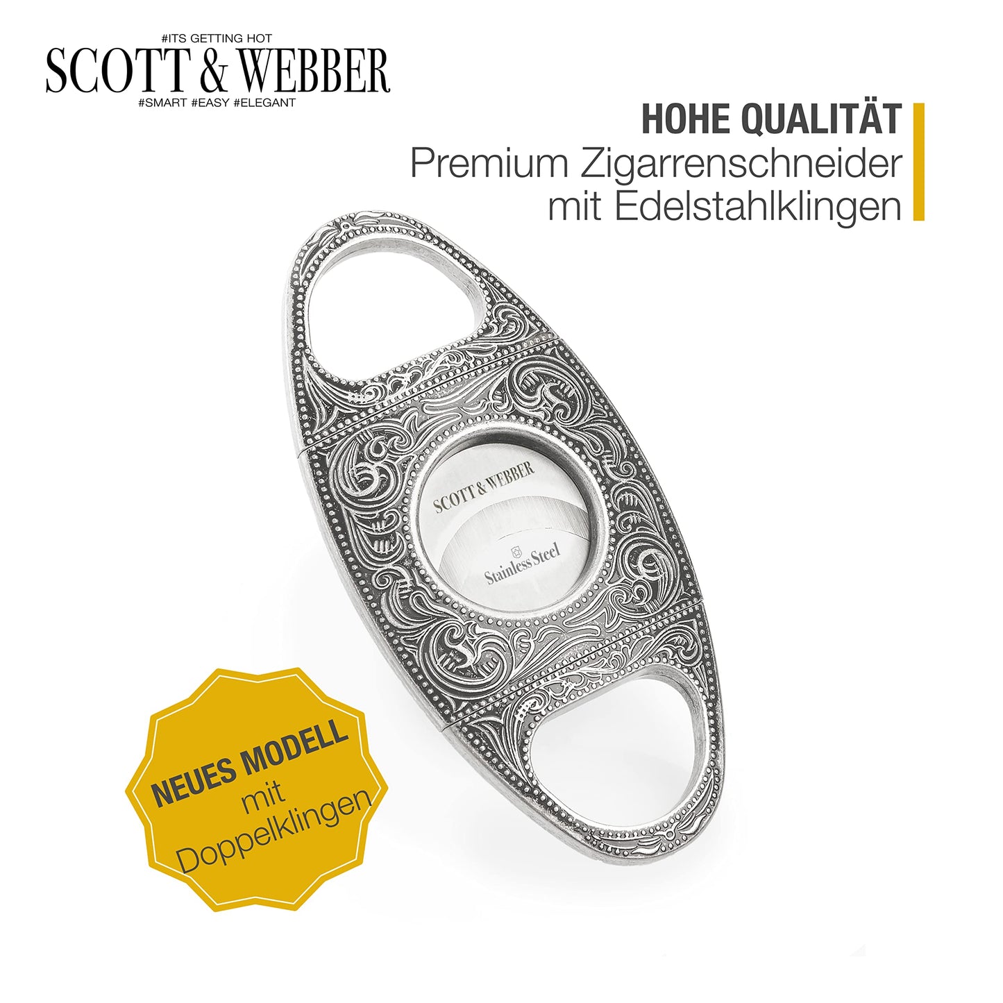 Scott & Webber® - Zigarrenschneider mit Doppelklinge aus Edelstahl - Zigarren Zubehör für großes Ringmaß - Inkl. Lederetui und edler Verpackung (Silber)