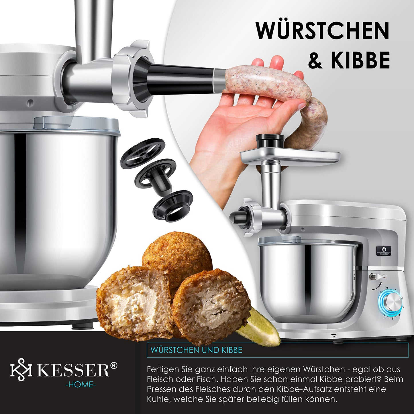 "Vielseitigkeit in Silber: 3in1 Küchenmaschine mit 5,5L Schüssel und Zubehör"
