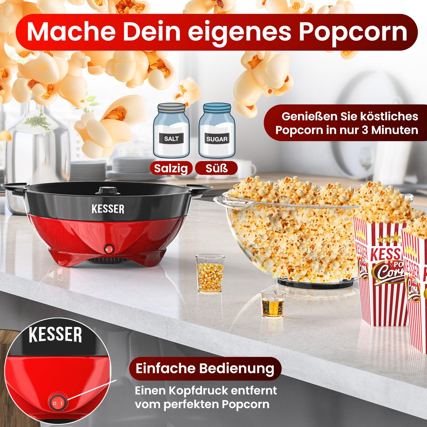 "Genießen Sie das Kino-Feeling: Retro Popcornmaschine in Rot für 5,5l Genuss!"